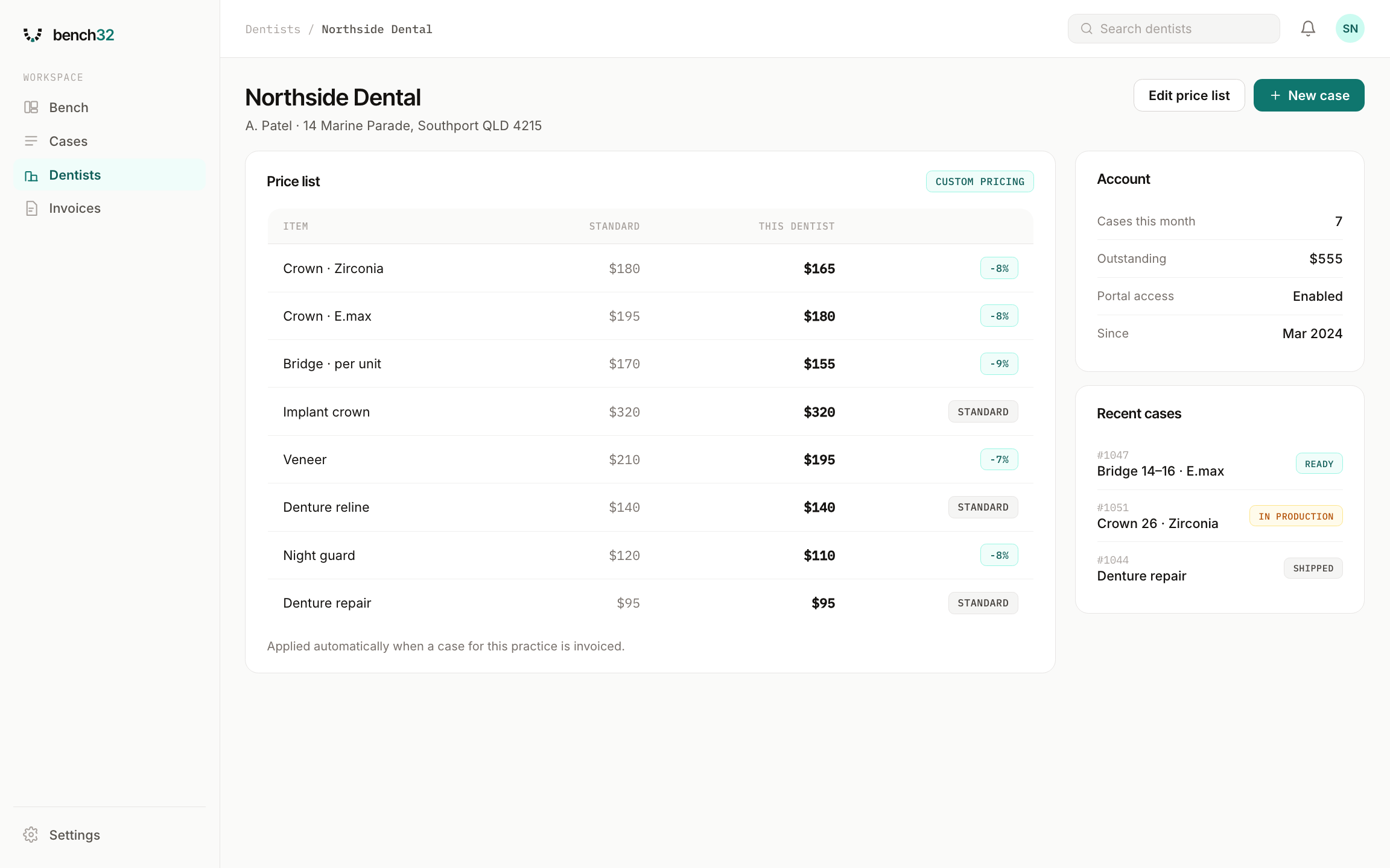 A dentist record for Northside Dental showing the practice contact and address alongside a price list comparing standard rates with this dentist's agreed pricing.