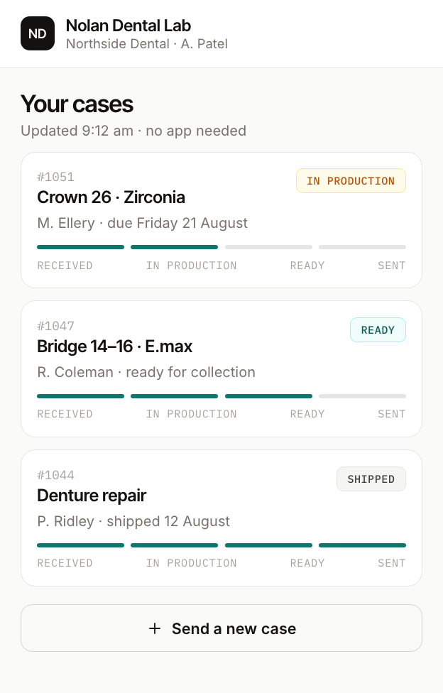 The dentist portal on a phone, listing three cases with progress bars from received through in production, ready and sent.